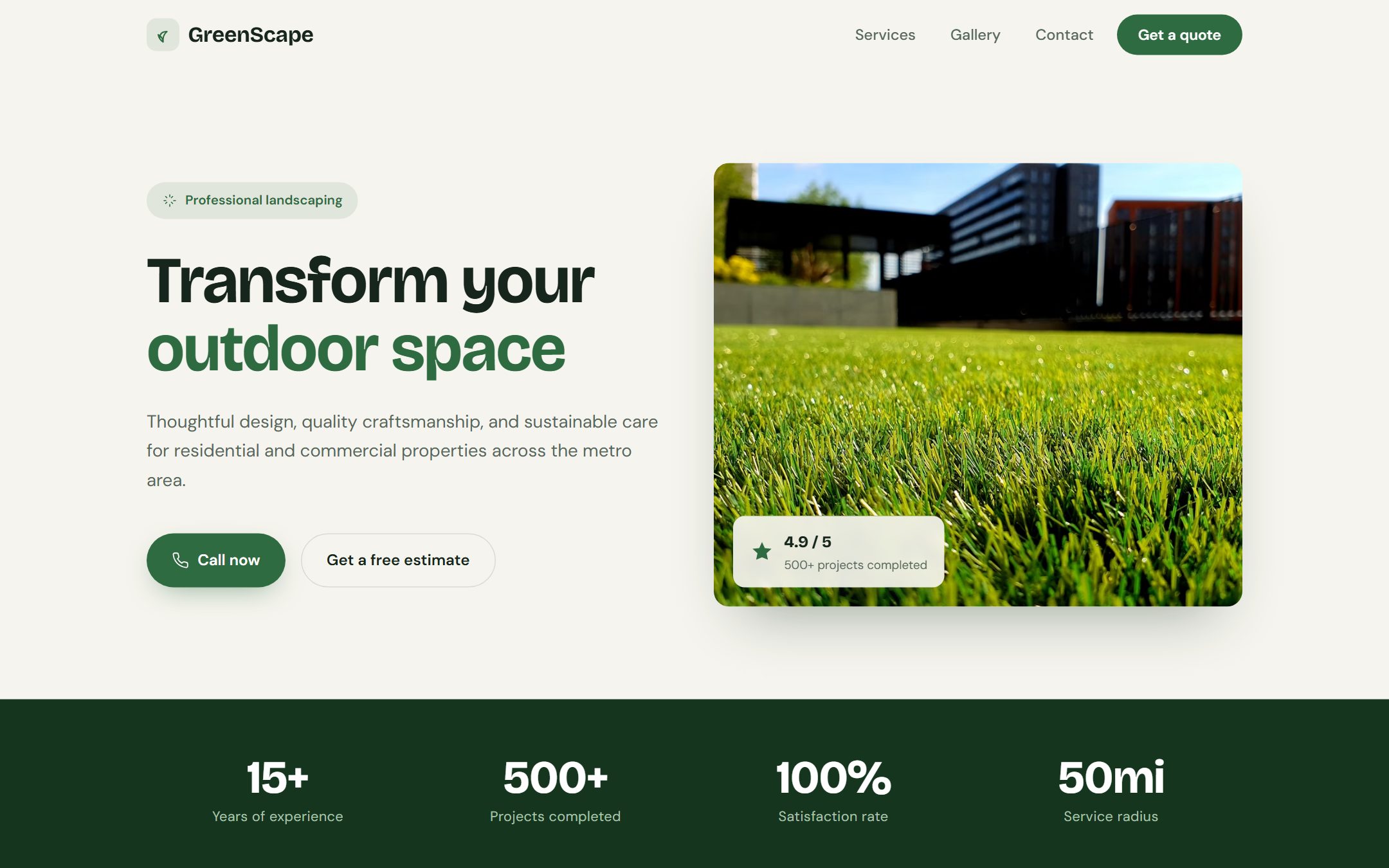 Screenshot of the GreenScape Pro landscaping website homepage